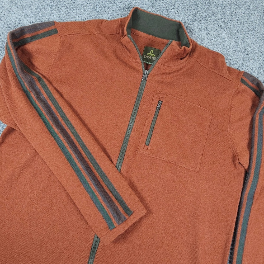 Prana Mens Zip Up Sweater Jacket Orange Green Striped Collar Pocket Size XXL Reg